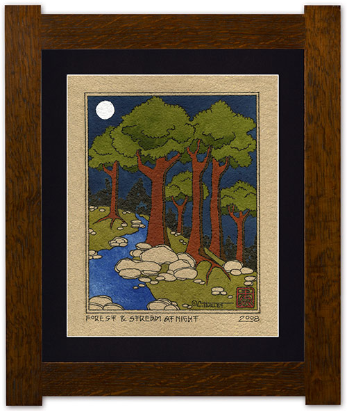 paintings of trees at night. Forest and Stream at Night